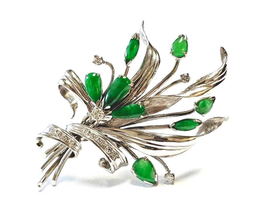 14K Jade Diamond Brooch Grade A Jadeite Jade Deep Green